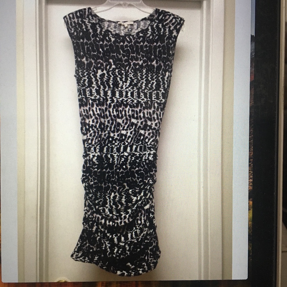 MAJE Black White Purple Print Ruched Cotton Dress
